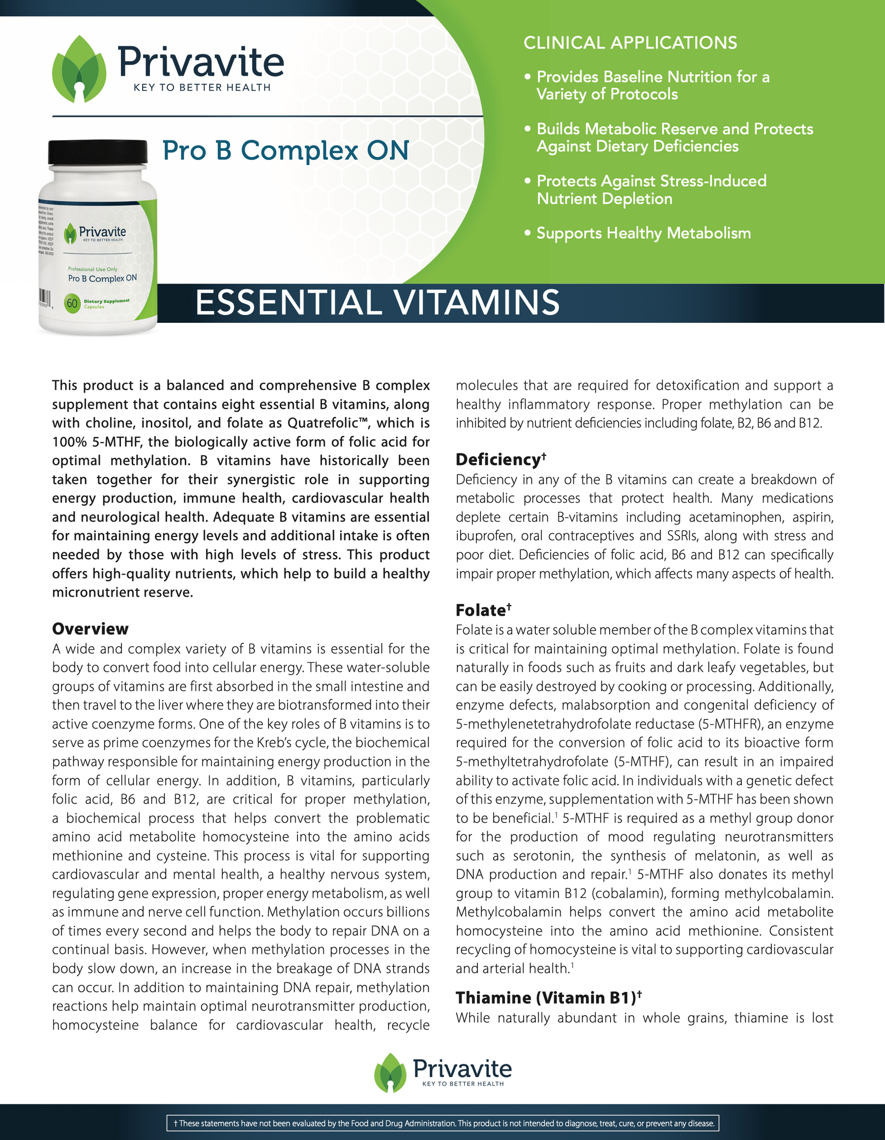 Advertisement for Privavite Pro B Complex ON vitamins with product image and text on a white background.